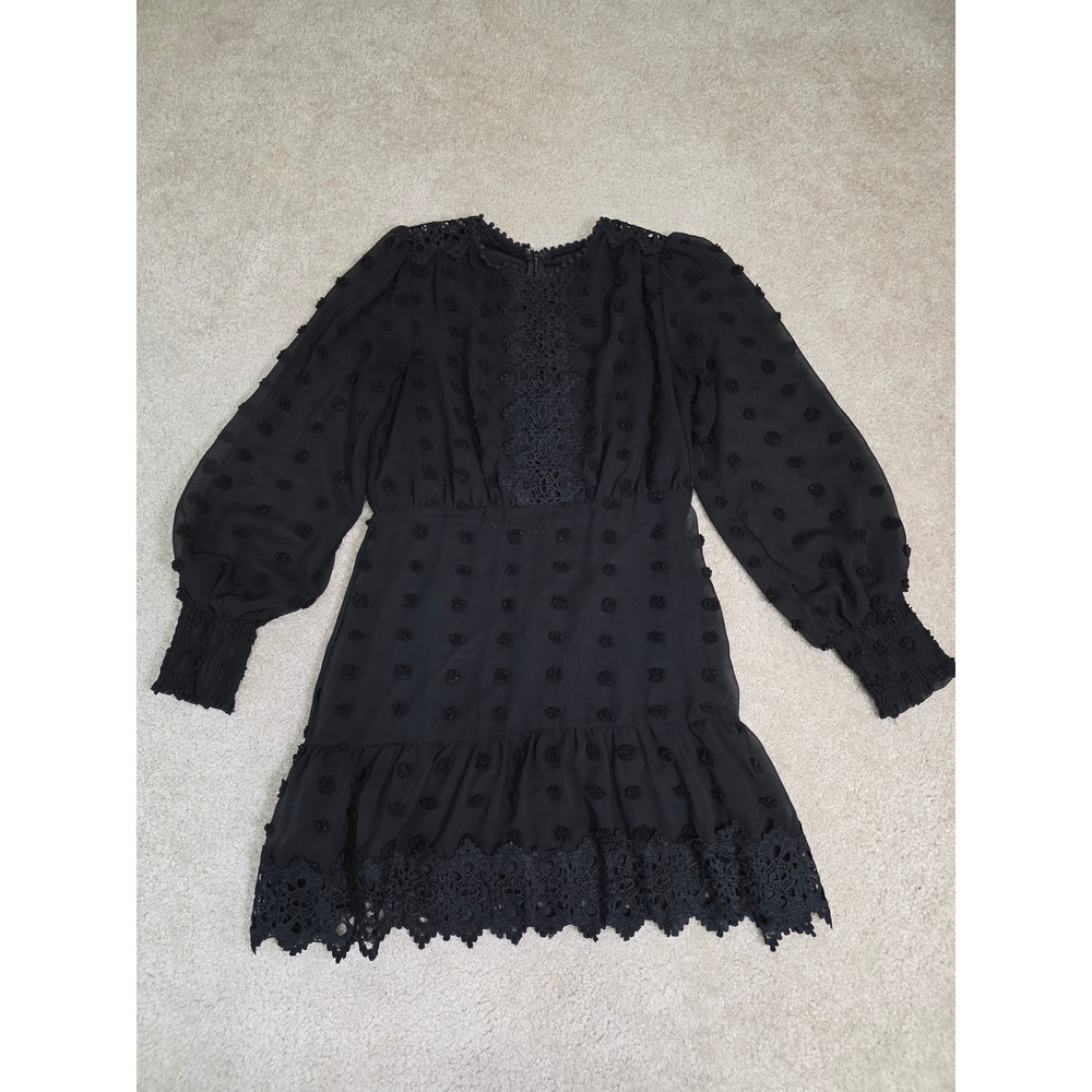 Lulus Black Swiss Dot Crochet Lace Long Sleeve Mini Dress Womens Medium